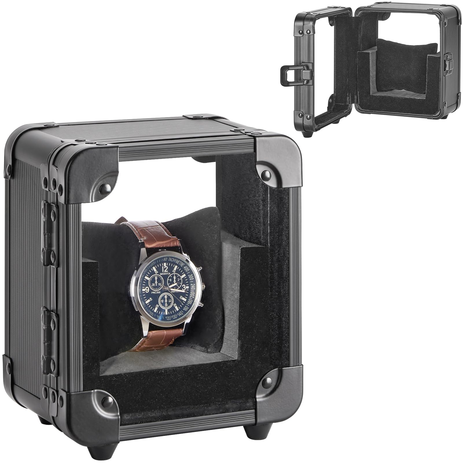 Vilcjson Aluminum Watch Box - Men Watch Display Case with Clear Acrylic Lid Single Watch Organizer Box Watch Storage Holder Watch Case with Removable Watch Pillow Black 5.12 x 3.74 x 6.3 Inches