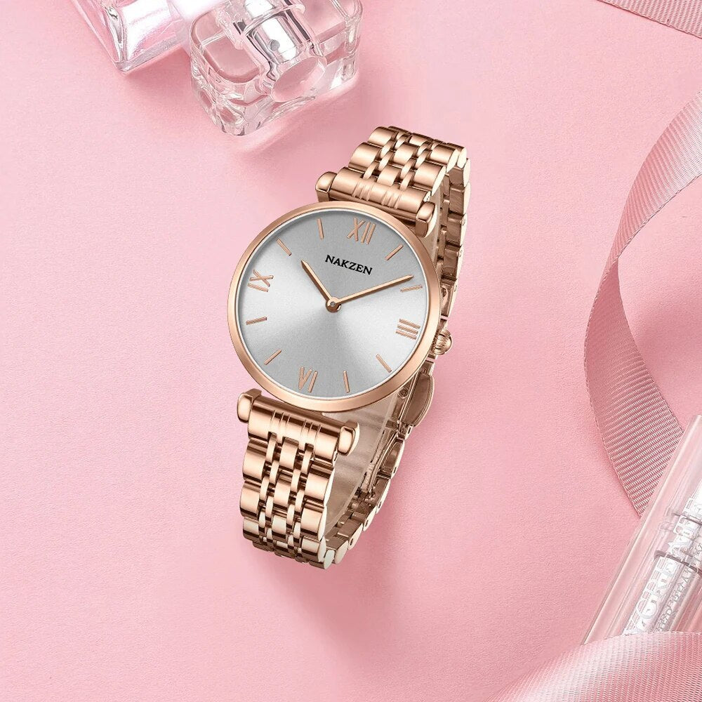 NAKZEN Luxury Crystal Watch Women Waterproof Rose Gold Steel Strap Ladies Wrist Watches Top Brand Bracelet Clock Relogio Feminino 4153-1