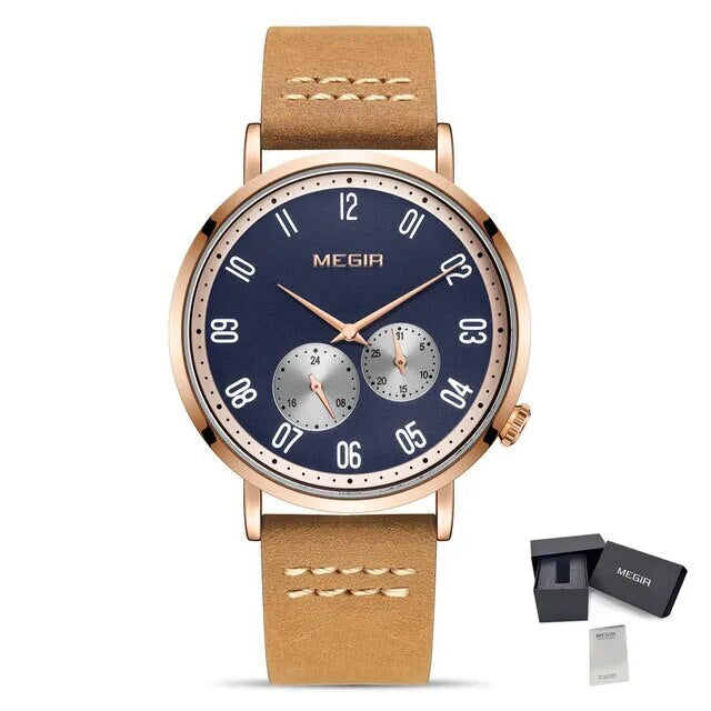 MEGIR Fashion Casual Men Watches Luxury Leather Quartz Sport Wristwatch Waterproof Luminous Clock Large Dial Relogio Masculino 1083-18