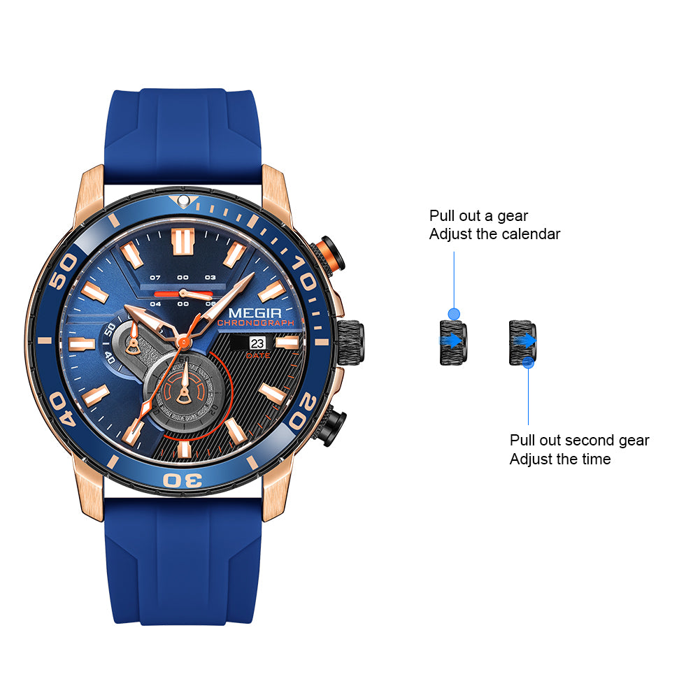 MEGIR Luxury Military Watches for Men Fashion Sport Quartz Wristwatch Waterproof Silicone Band Male Clock Chronograph with Date 2224-8
