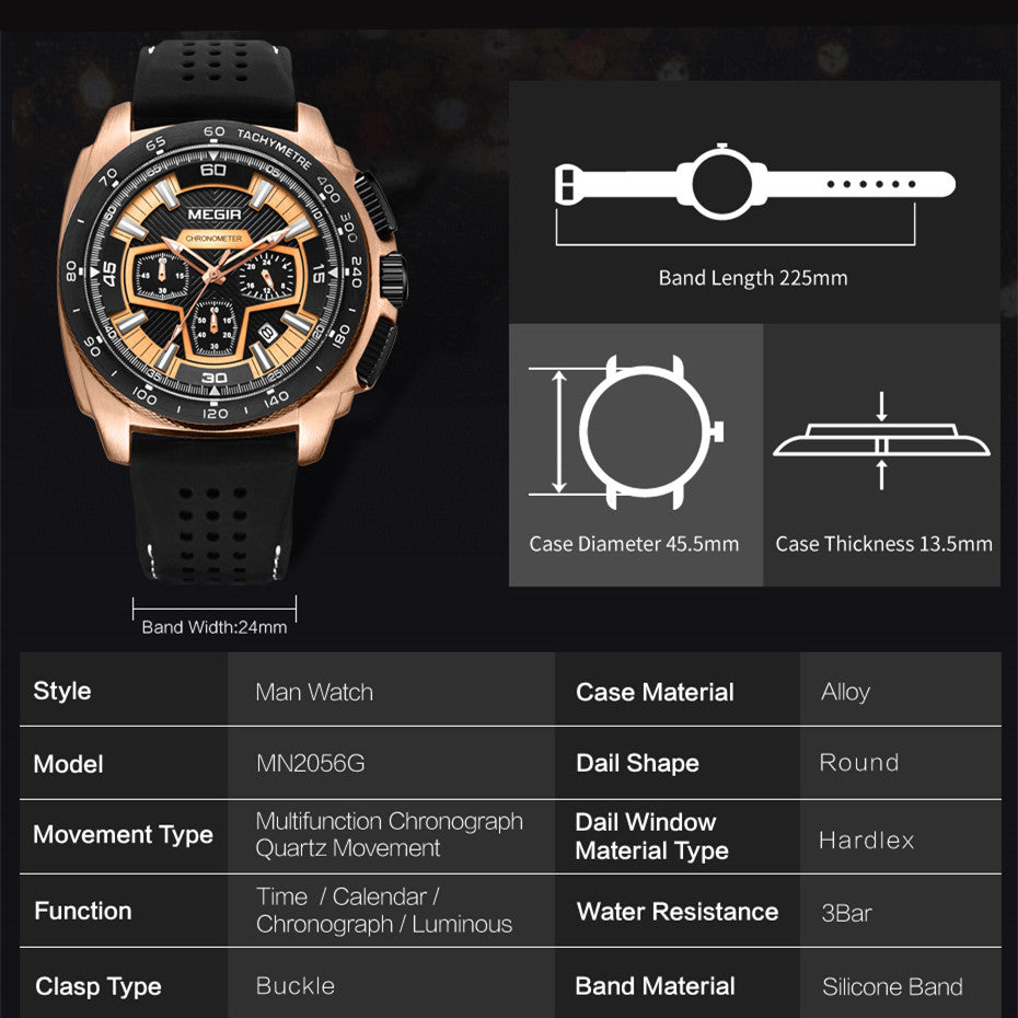 MEGIR Chronograph Men Sport Watches Fashion Silicone Strap Military Quartz Wristwatch Clock Relogio Masculino 2056-9