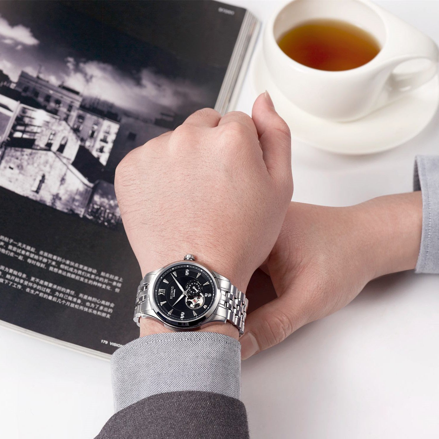 RUIMAS Luxury Men Mechanical Watches Sapphire Glass Stainless Steel Bracelet Business Casual WristWatch Clock Montre Homme 6736-4