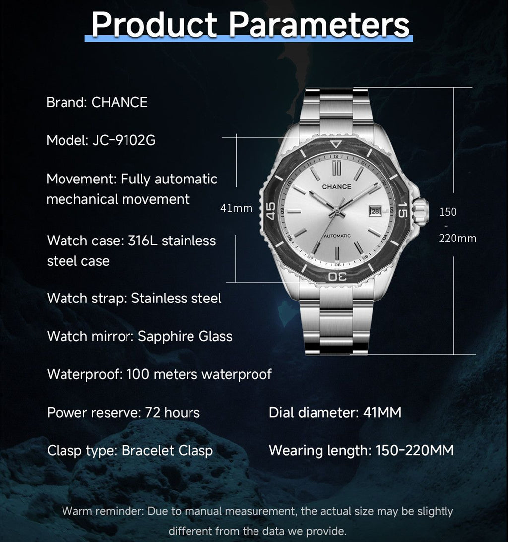 CHANCE Automatic Mechanical Watches Movement 10Bar Waterproof Stainless Steel Sapphire Glass Business Wristwatch Clock 9102