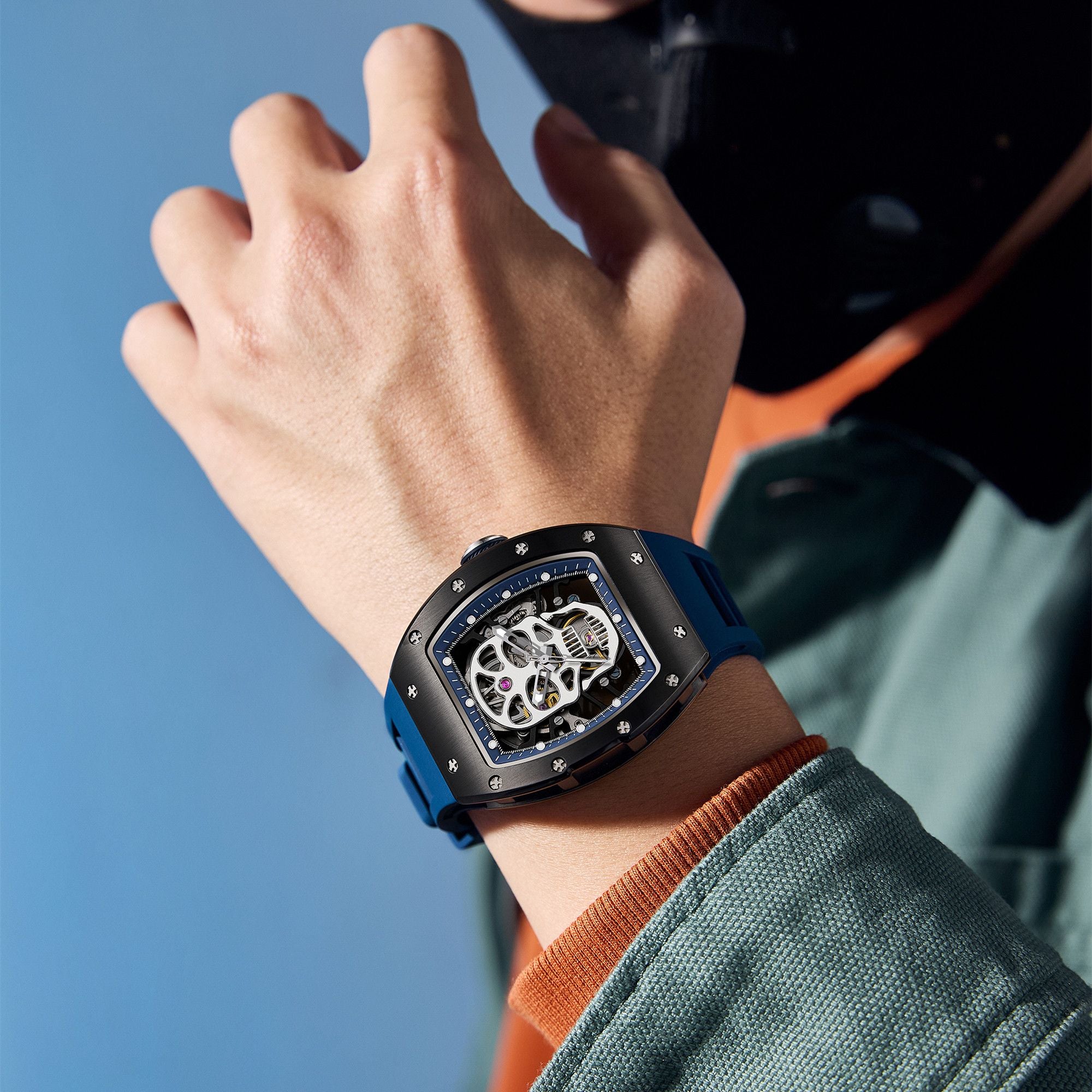 Men Watches Skull Hollow Dial Face Mechanical Watch Steel Case Waterproof Sport Wristwatch Automatic Movement Clock 9190-7