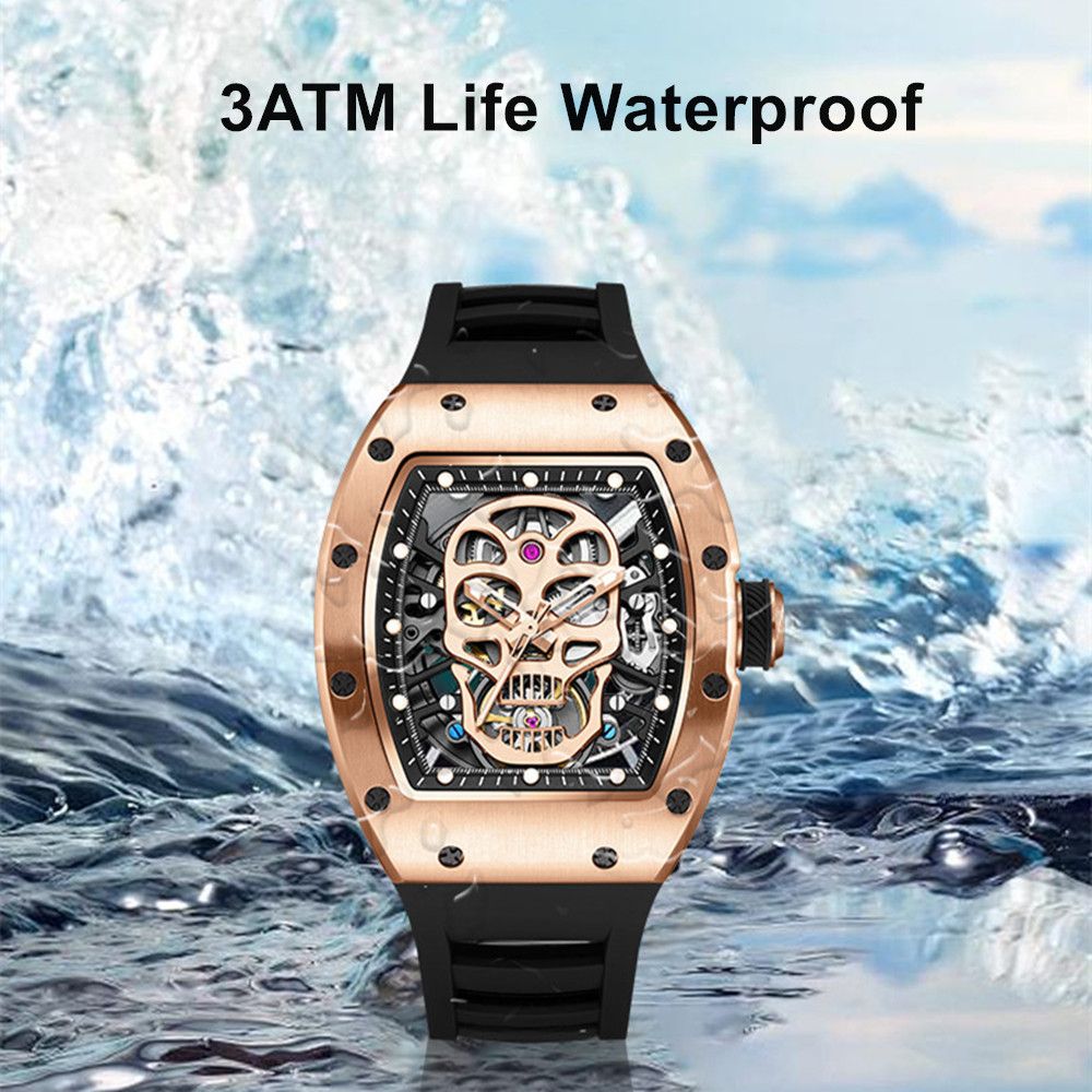 Men Watches Skull Hollow Dial Face Mechanical Watch Steel Case Waterproof Sport Wristwatch Automatic Movement Clock 9190-7