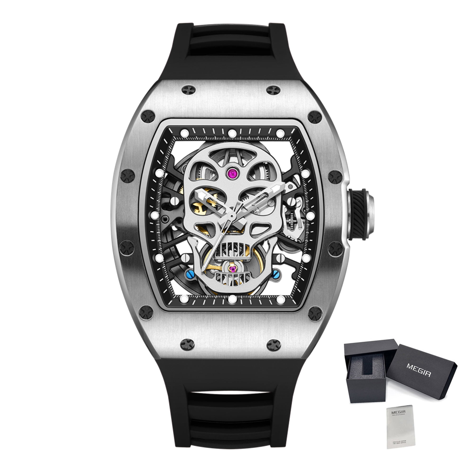 Men Watches Skull Hollow Dial Face Mechanical Watch Steel Case Waterproof Sport Wristwatch Automatic Movement Clock 9190-7