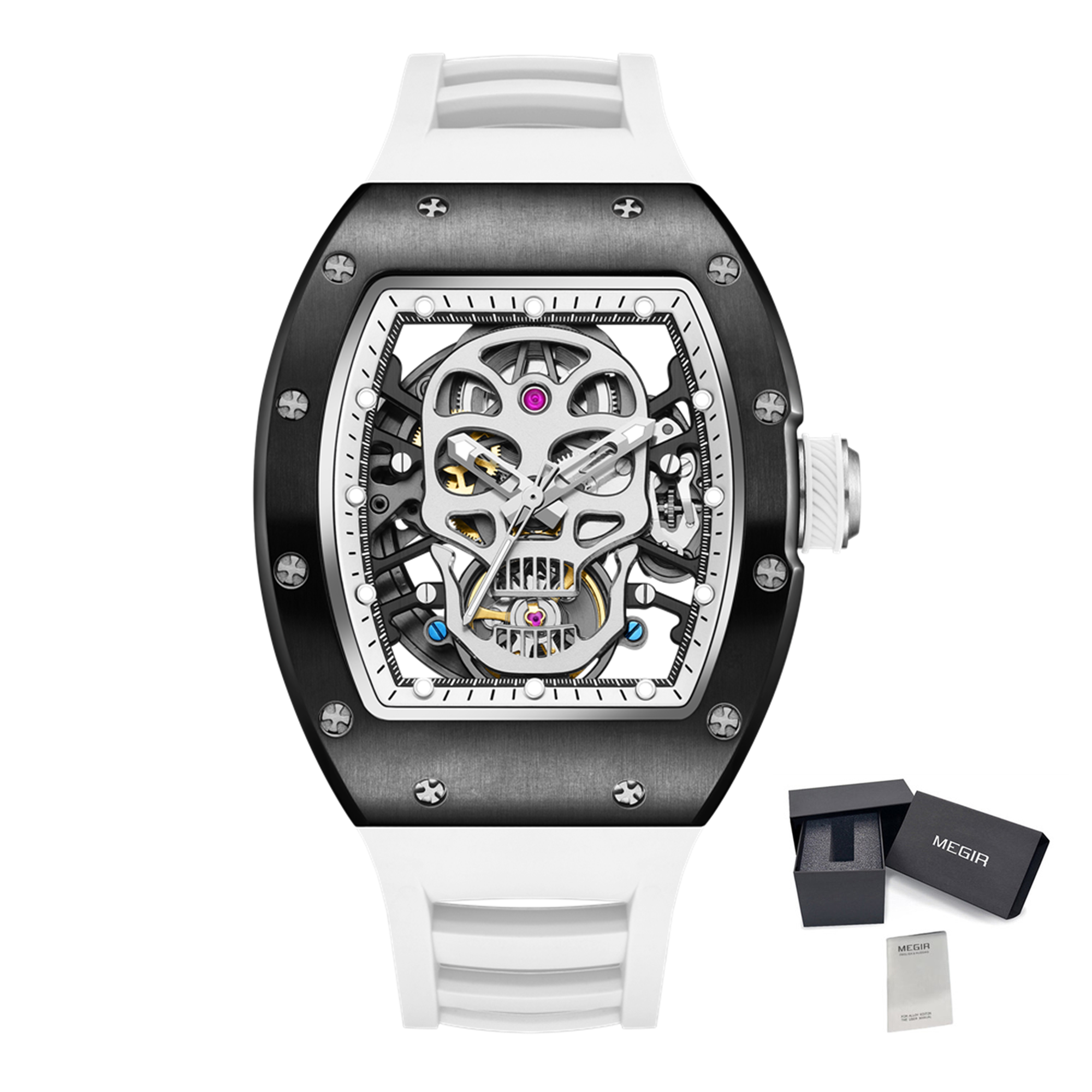 Men Watches Skull Hollow Dial Face Mechanical Watch Steel Case Waterproof Sport Wristwatch Automatic Movement Clock 9190-7