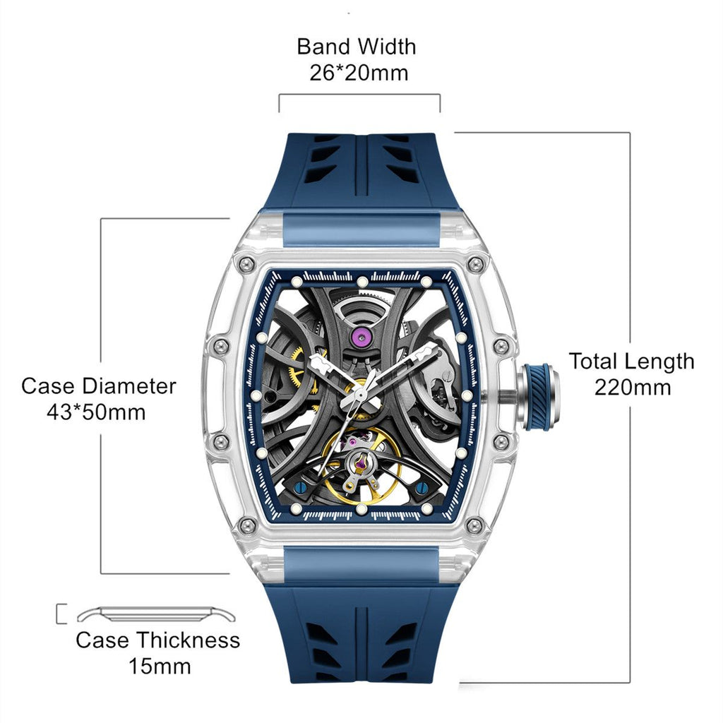 Automatic Sport Watch for Men Transparent 43MM Hollow Dial Mechanical Movment Wristwatch Waterproof Luminous Clock 9195-11