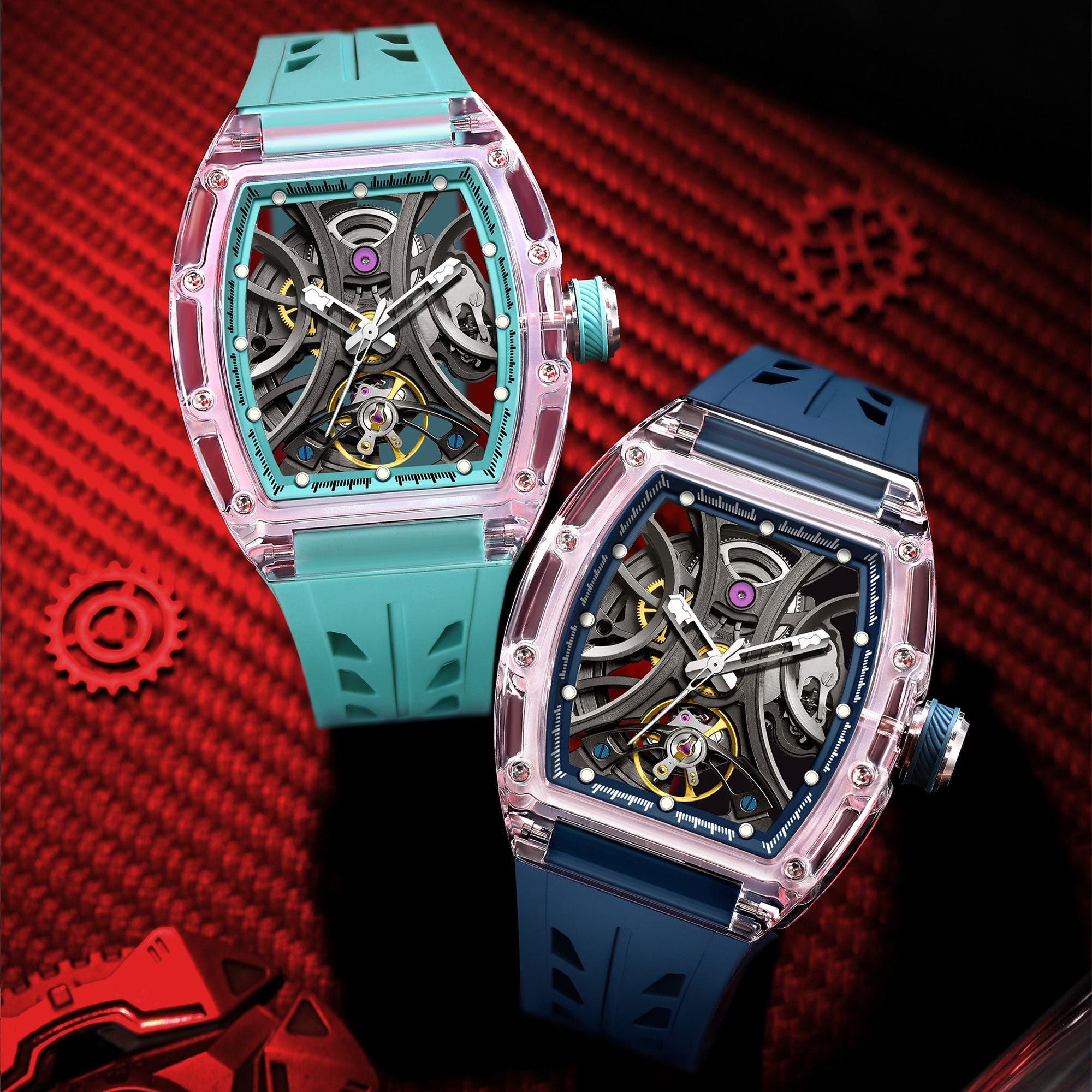 Automatic Sport Watch for Men Transparent 43MM Hollow Dial Mechanical Movment Wristwatch Waterproof Luminous Clock 9195-11