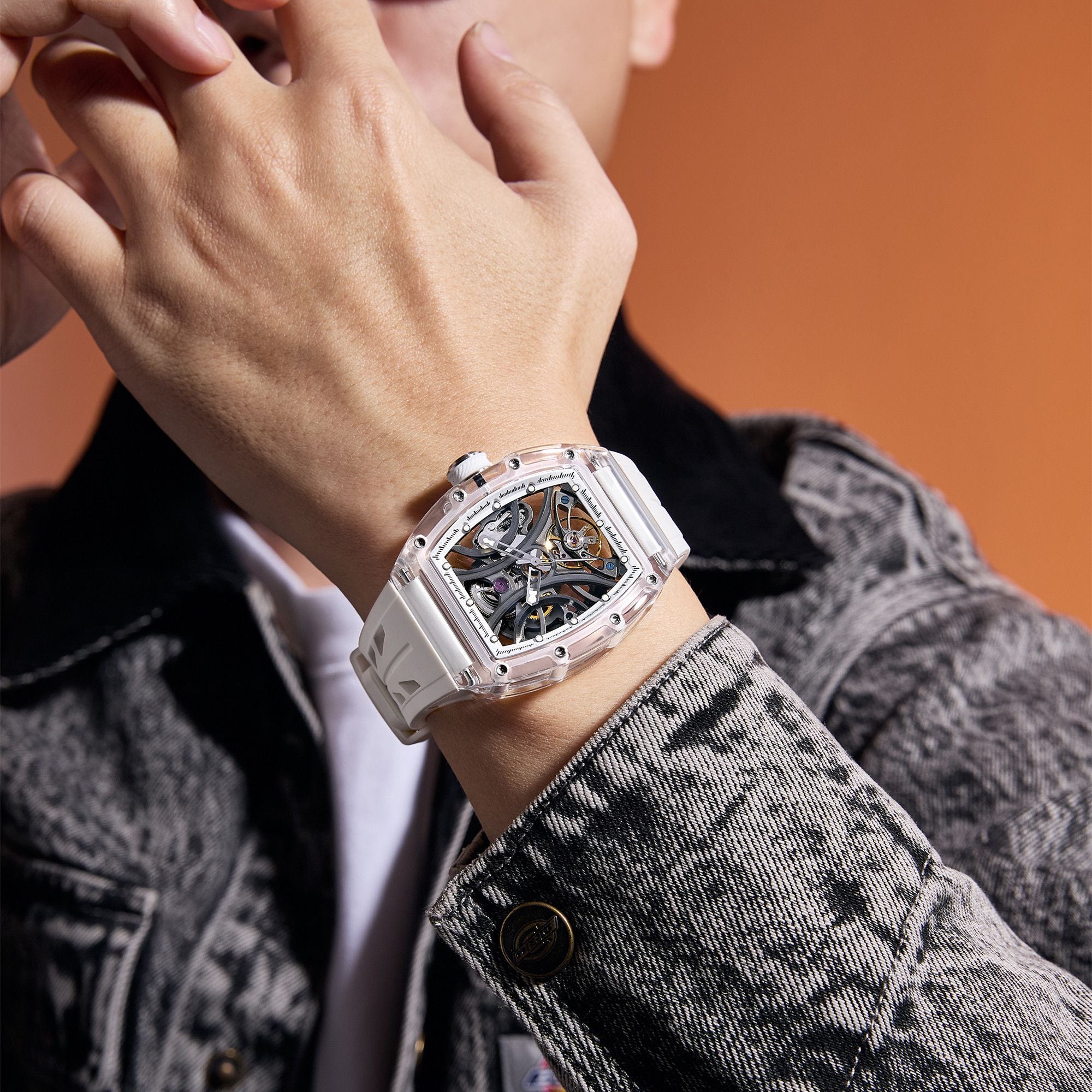 Automatic Sport Watch for Men Transparent 43MM Hollow Dial Mechanical Movment Wristwatch Waterproof Luminous Clock 9195-11