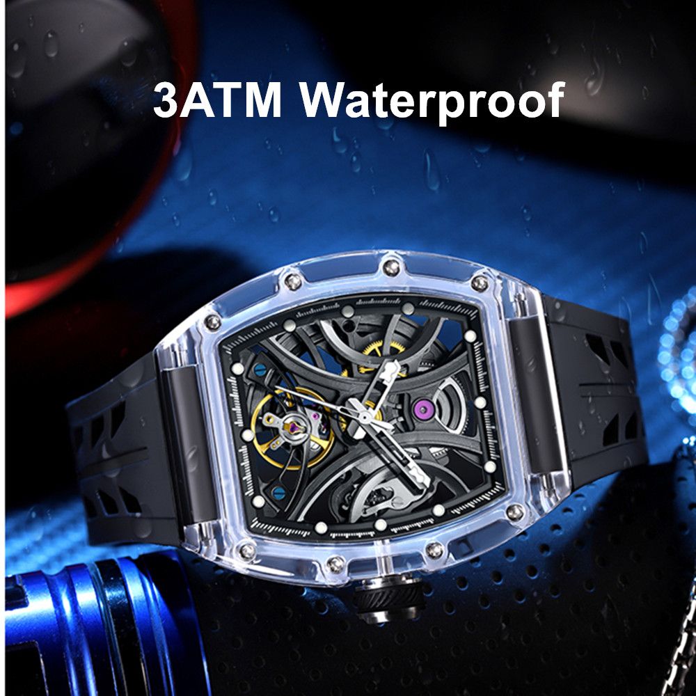 Automatic Sport Watch for Men Transparent 43MM Hollow Dial Mechanical Movment Wristwatch Waterproof Luminous Clock 9195-11
