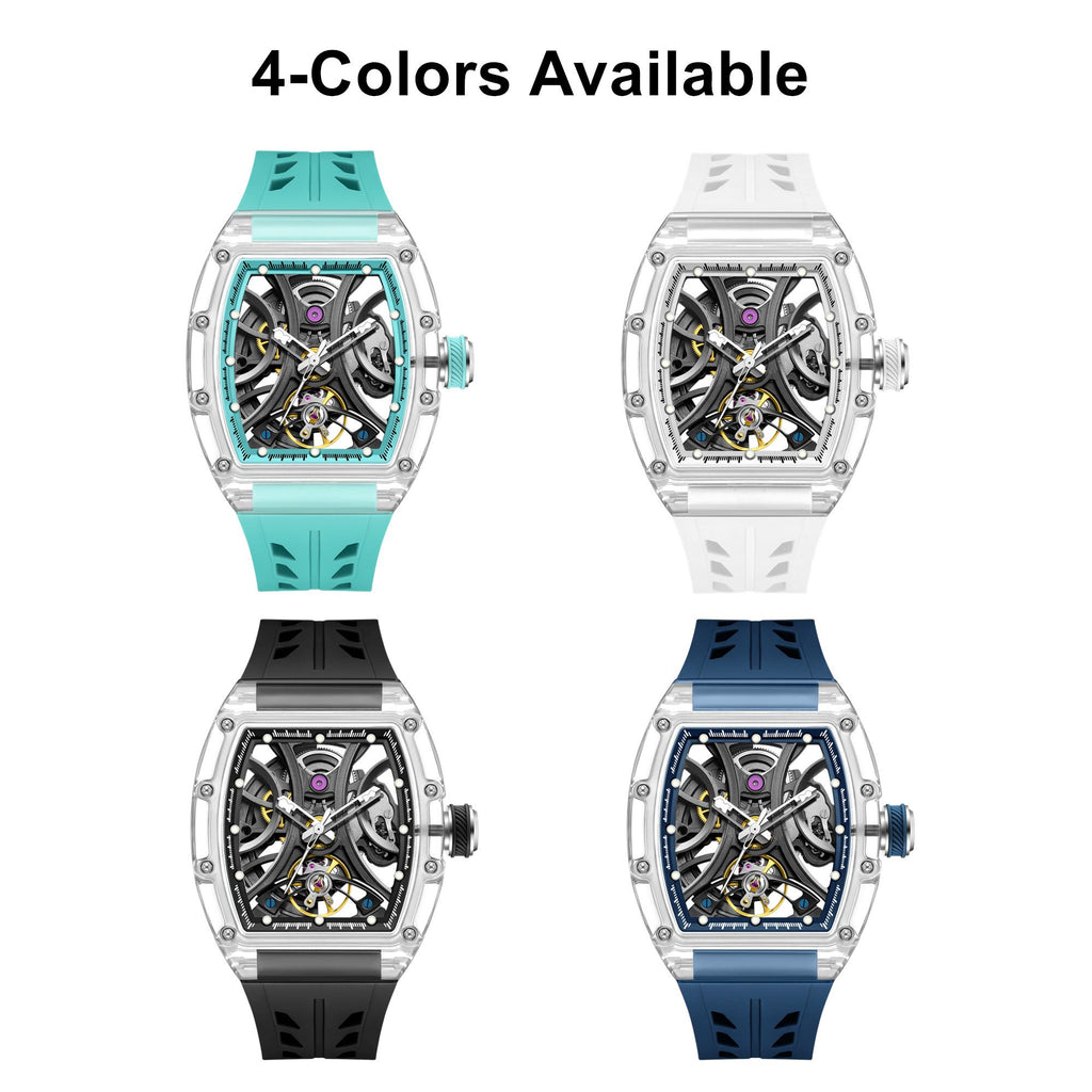 Automatic Sport Watch for Men Transparent 43MM Hollow Dial Mechanical Movment Wristwatch Waterproof Luminous Clock 9195-11