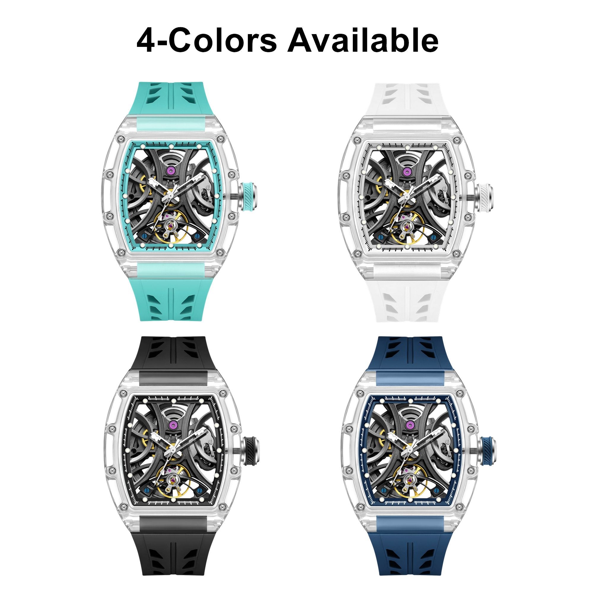 Automatic Sport Watch for Men Transparent 43MM Hollow Dial Mechanical Movment Wristwatch Waterproof Luminous Clock 9195-11