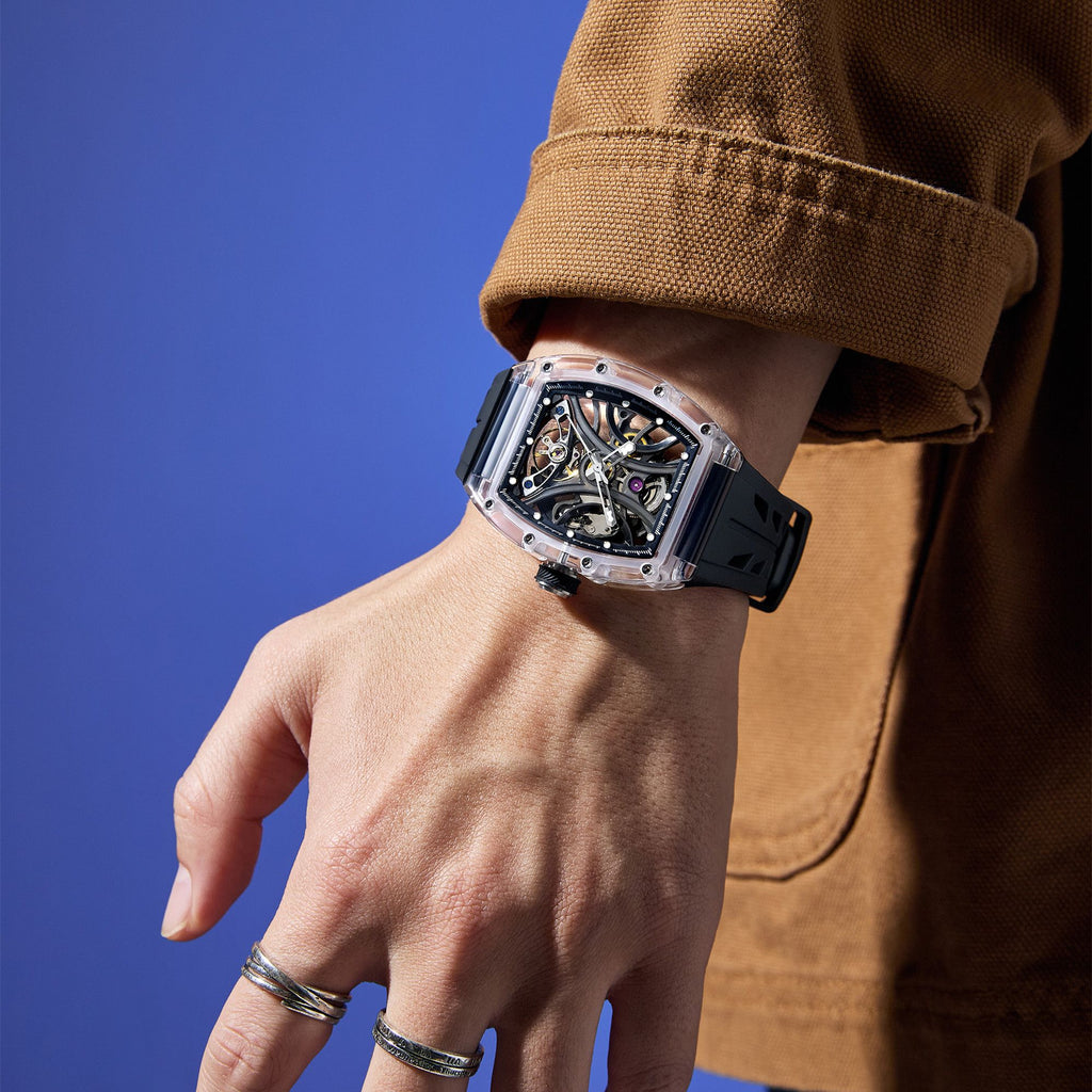 Automatic Sport Watch for Men Transparent 43MM Hollow Dial Mechanical Movment Wristwatch Waterproof Luminous Clock 9195-11