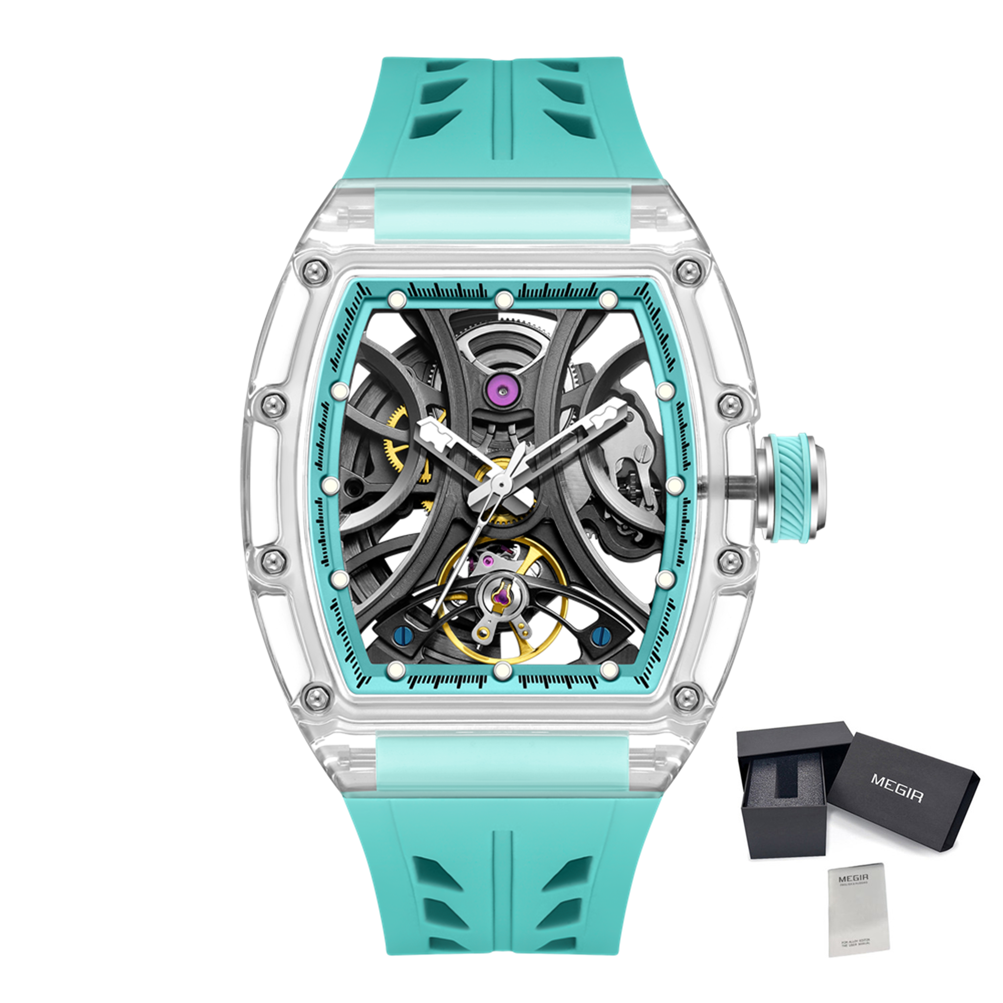 Automatic Sport Watch for Men Transparent 43MM Hollow Dial Mechanical Movment Wristwatch Waterproof Luminous Clock 9195-11