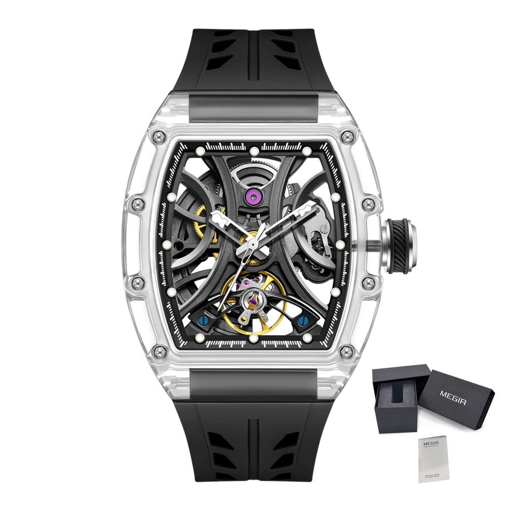 Automatic Sport Watch for Men Transparent 43MM Hollow Dial Mechanical Movment Wristwatch Waterproof Luminous Clock 9195-11